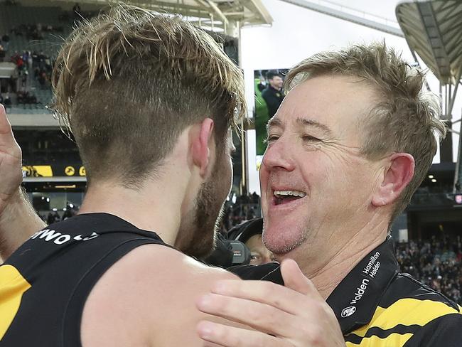 SANFL - GRAND FINAL  22/09/19 - Port Adelaide v Glenelg at Adelaide Oval. Coach Mark Stone hugs Jonty Scharenberg after the win  Picture SARAH REED