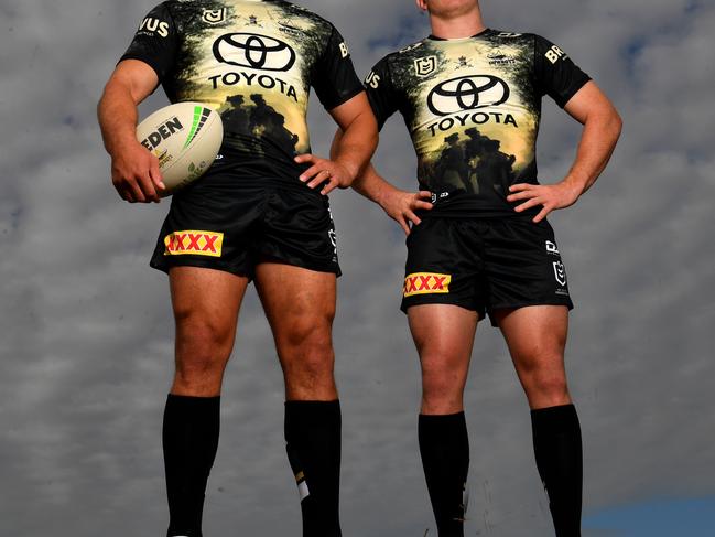 North Queensland Cowboys displaying their ANZAC strip. Picture: Evan Morgan