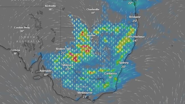 Heavy rain and isolated flash flooding for inland Queensland, NSW and Victoria expected on Tuesday. Photo: Windy.com.