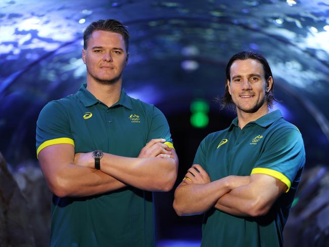 SYDNEY, AUSTRALIA - MAY 28: Co-captains Nathan Power and Blake Edward pose during the Australian 2024 Paris Olympic Games Men's Water Polo Squad Announcement at SEA LIFE Sydney Aquarium on May 28, 2024 in Sydney, Australia. (Photo by Mark Metcalfe/Getty Images)