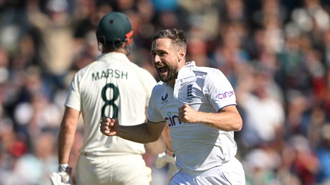 Chris Woakes celebrates the wicket of Mitchell Marsh. Picture: Getty Images