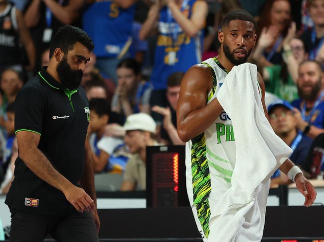 BRISBANE, AUSTRALIA - DECEMBER 30: Gary Browne of the Phoenix leaves the court during the round 13 NBL match between Brisbane Bullets and South East Melbourne Phoenix at Nissan Arena, on December 30, 2023, in Brisbane, Australia. (Photo by Chris Hyde/Getty Images)