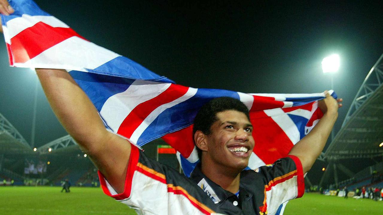 Will’s father Leon Pryce celebrates Bradford’s win over Penrith in the 2004 World Club Challenge. Picture: Reuters/Howard Walker