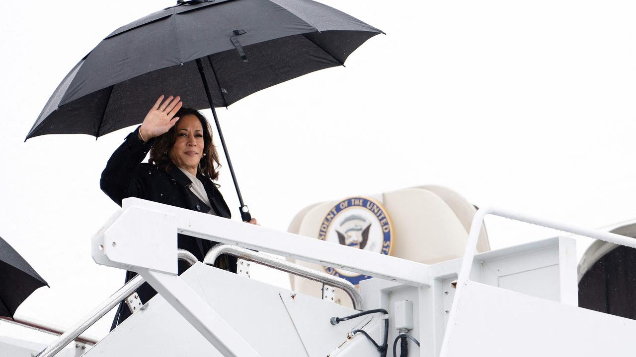 Vice President Kamala Harris waves as she boards air force Two at Joint Base Andrews in Maryland on July 22, 2024. Picture: Erin Schaff/Pool/AFP