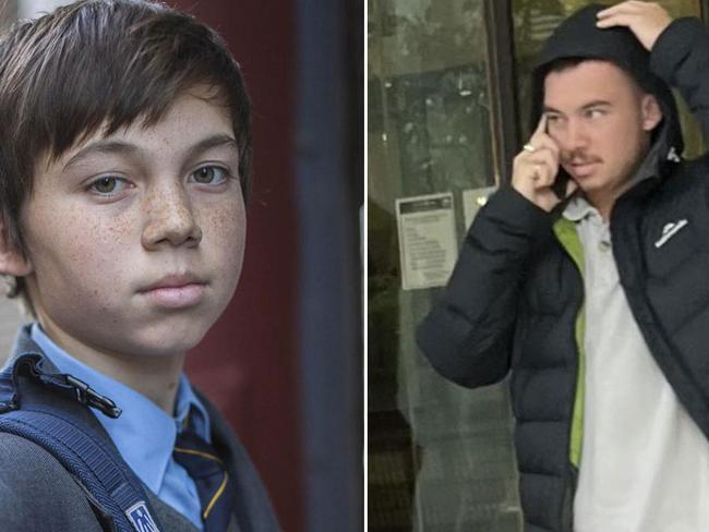 Former child actor Jarin Towney in Devil's Playground, left, and outside court last year. Pictures: Supplied/News Corp