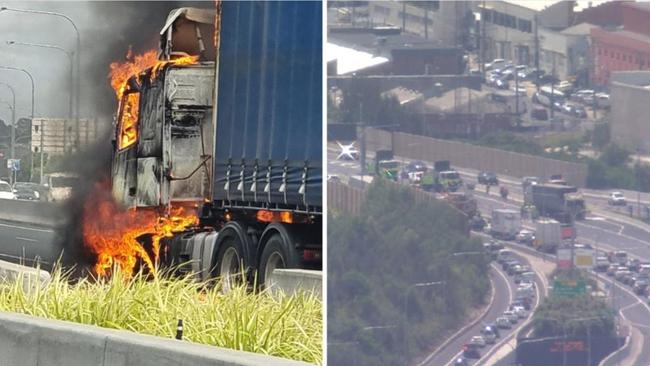 A truck fire has caused traffic chaos on the M5 motorway in Sydney. Picture: 7News