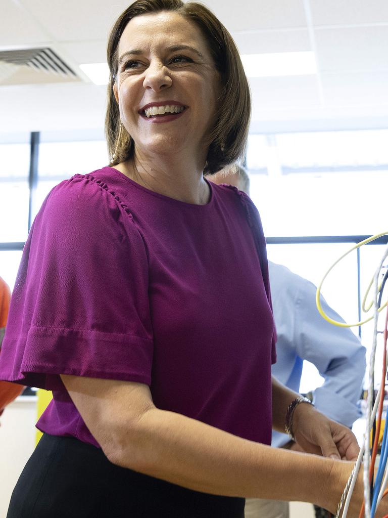 Deb Frecklington often opts for a bright coloured blouse, paired with a business skirt during her campaign trail, with which she wears simple jewellery. Picture: NCA NewsWire/Sarah Marshall