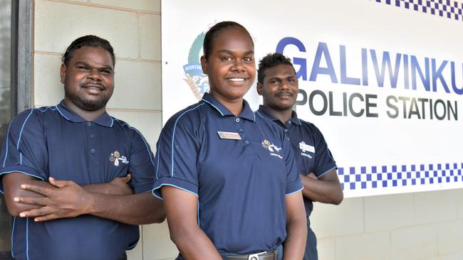 Aboriginal Liaison Officers Mel Nyiwunba, Alisha Gurruwiwi and Jayden Winingmurra at Galiwinku Police Station. Picture Natasha Emeck