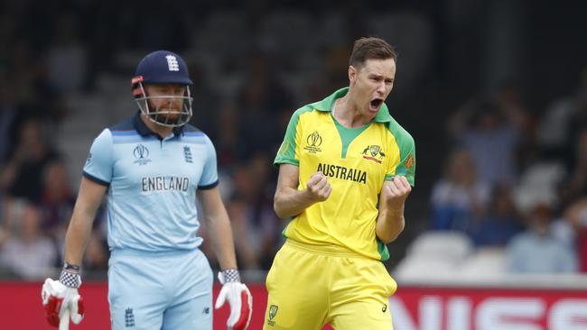 Pumped up: Australian paceman Jason Behrendorff claims the wicket of James Vince at Lord’s last month. Picture: AP