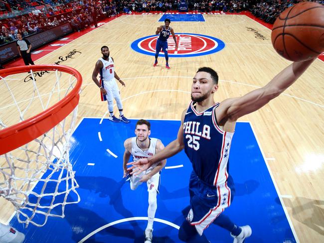 Ben Simmons dunks on the Detroit Pistons. Picture: Getty