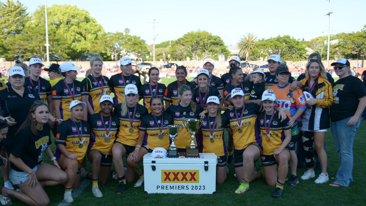 Gatton Hawks women celebrate their premiership win after beating Newtown.