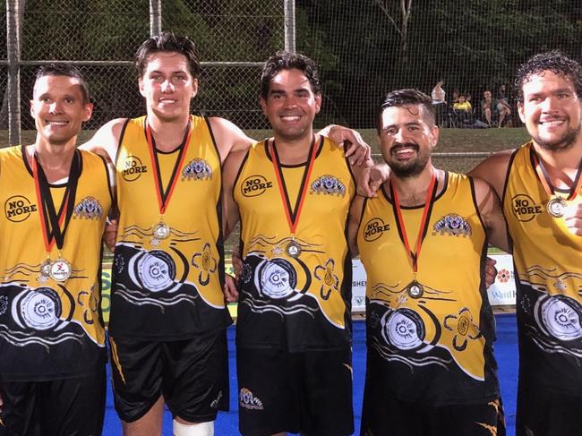 Nightcliff's family links had a big influence on their side's 5-3 win  over East Darwin in the men's hockey grand final. From left, cousins Joel Carroll, Jaiden McGregor, Des Abbott, Rob Smart and Travis Carroll show off their silverware.