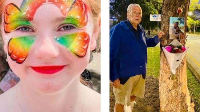 Charlotte, and her grandfather at the memorial. Image: news.com.au