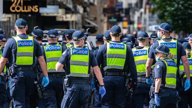 MELBOURNE, AUSTRALIA - NewsWire Photos - AUGUST, 21, 2021: Police swarm the streets of Melbourne but are outnumbered by Freedom Protestors. Picture: NCA NewsWire/Sarah Matray