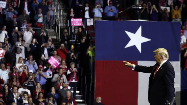 US President Donald Trump at a campaign rally for Republican senator Ted Cruz, in Houston, Texas, yesterday. Picture: AP