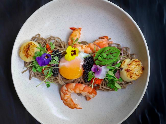 Omakase buckwheat noodles with king prawns. Picture: Jenifer Jagielski