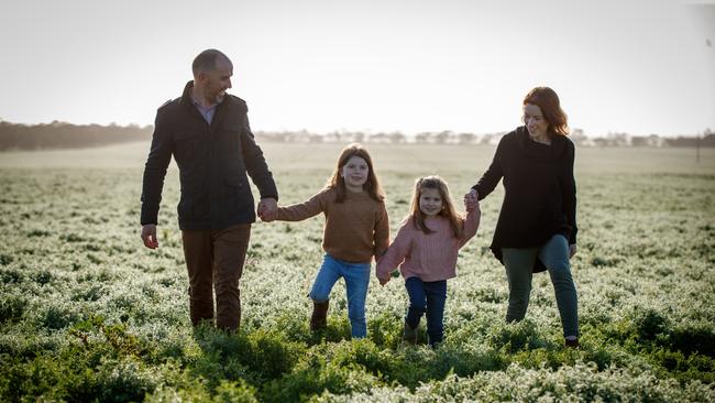 Phillipa and Skeet Lawson, with their daughters, Annabelle, 5, and Georgia, 7, run a 1600ha grain and lentil operation at Pinnaroo. Picture: Matt Turner