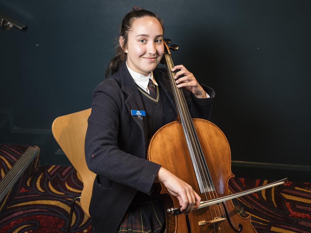 Mila Faletau after competing in the Cello or Double Bass Solo section of the 77th City of Toowoomba Eisteddfod at Empire Theatres, Thursday, July 27, 2023. Picture: Kevin Farmer