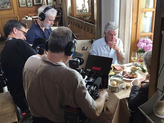 Anthony Bourdain is seen with a film crew at Wistub de la Petite Venise, a restaurant in Colmar, France last week.