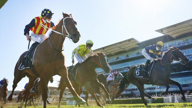James McDonald aboard Nature Strip clings on to beat Masked Crusader in The Everest. Picture: Mark Evans–Getty Images