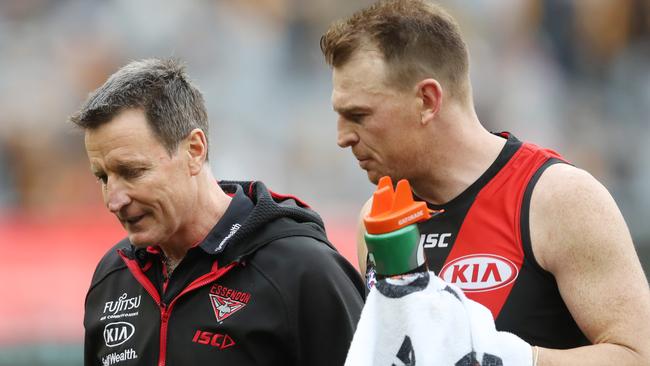 Brendon Goddard, with Essendon coach John Worsfold, won’t be offered a new contract. Picture: AAP