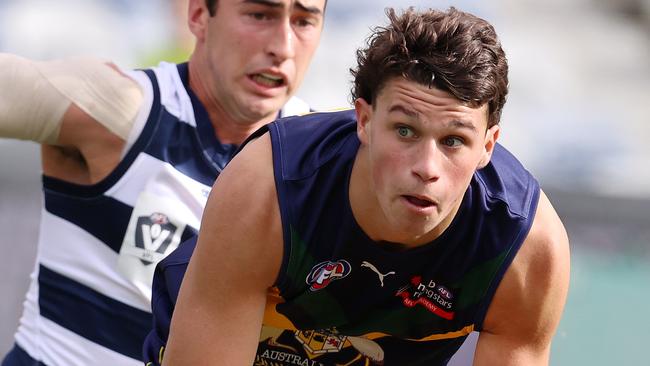 Finn Callaghan getting busy for the NAB AFL Academy against the Geelong VFL team this season. Pic: Michael Klein