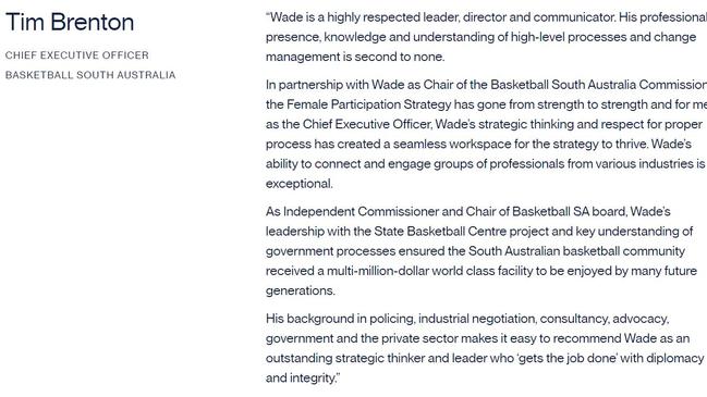 A now-deleted reference from Basketball SA chief executive Tim Brenton. Picture: Supplied