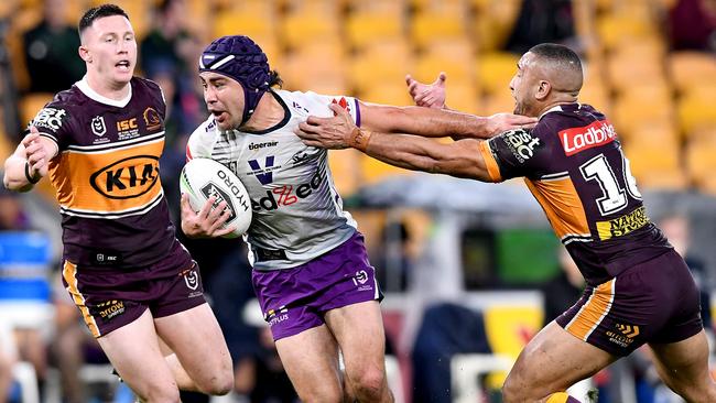 Storm star Jahrome Hughes is being chased by Gold Coast Titans. Picture: Bradley Kanaris/Getty Images