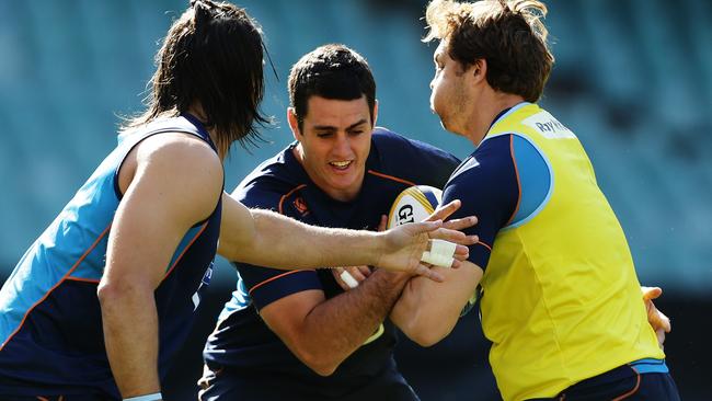 Jacques Potgieter, Dave Dennis and Stephen Hoiles during the Waratahs Super Rugby Captain's Run ahead of their match against the Brumbies at Allianz Stadium, Sydney. Pic Brett Costello