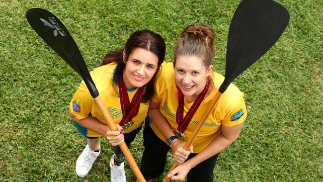 Ali France and Alison Mosely have just claimed gold at the Outrigging World Sprint Championships on the Sunshine Coast — Picture: Richard Walker