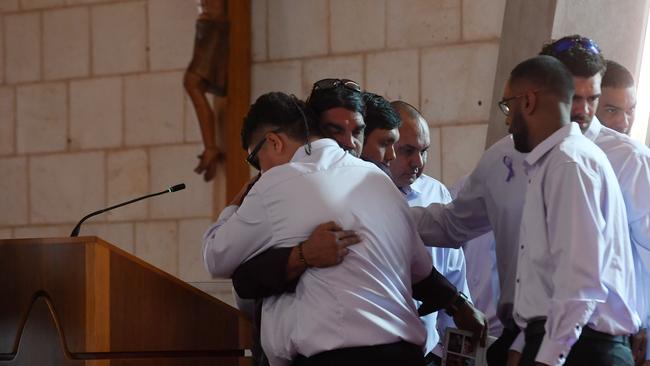 James May hugs his son Marley after giving the eulogy at his daughter Kailah's funeral. Picture: (A)manda Parkinson