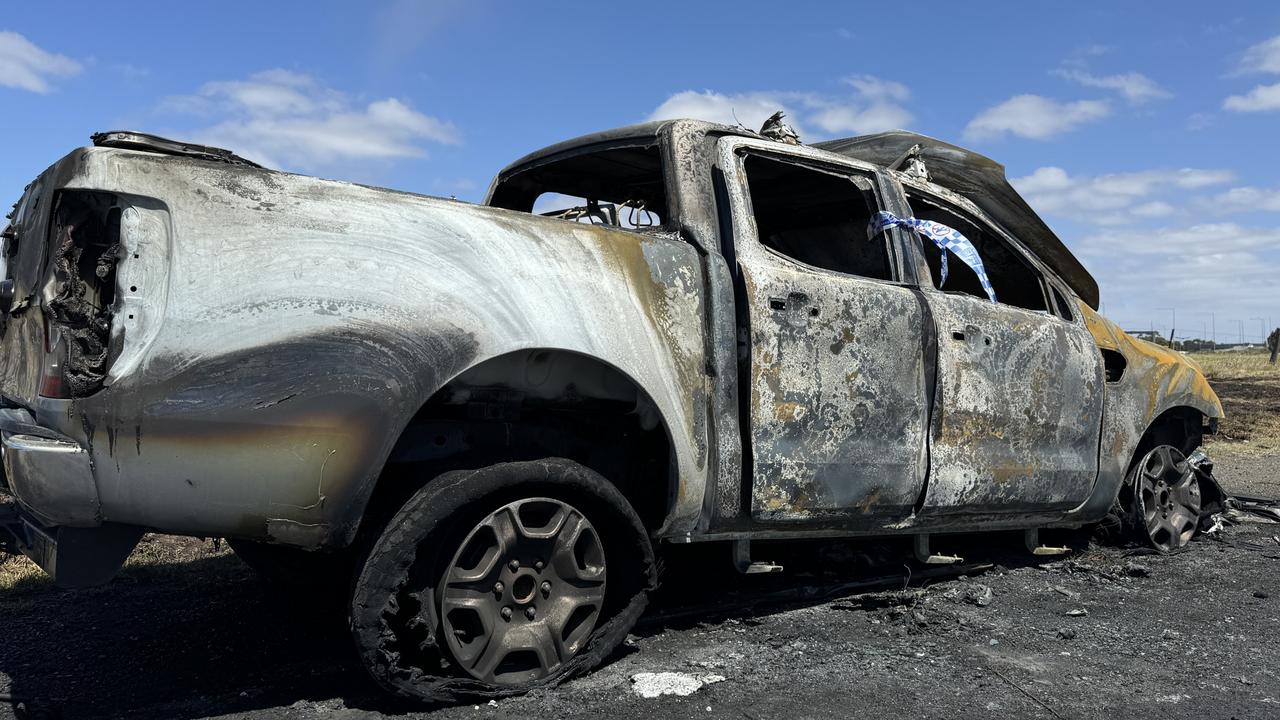 A burnt-out Ford Ranger found on Western Avenue in Westmeadows. Picture: Regan Hodge