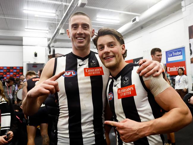 MELBOURNE, AUSTRALIA - SEPTEMBER 07: Darcy Cameron and Patrick Lipinski of the Magpies pose for a photo during the 2023 AFL First Qualifying Final match between the Collingwood Magpies and the Melbourne Demons at Melbourne Cricket Ground on September 07, 2023 in Melbourne, Australia. (Photo by Dylan Burns/AFL Photos via Getty Images)