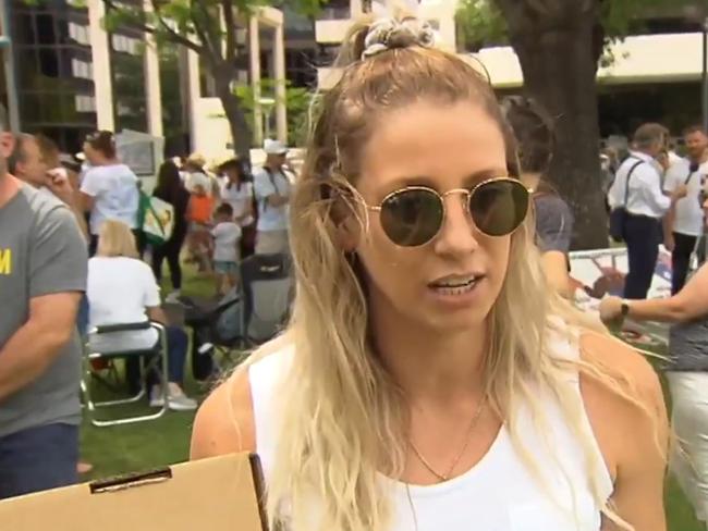 Adelaide AFLW player Deni Varnhagen at a protest against mandatory Covid vaccinations for SA Heath workers. -- Picture 7 NEWS