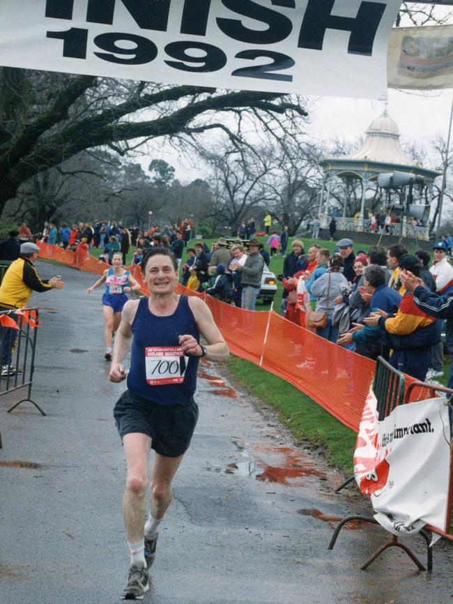 John Bannon finishes the Daihatsu Adelaide Marathon in 1992.