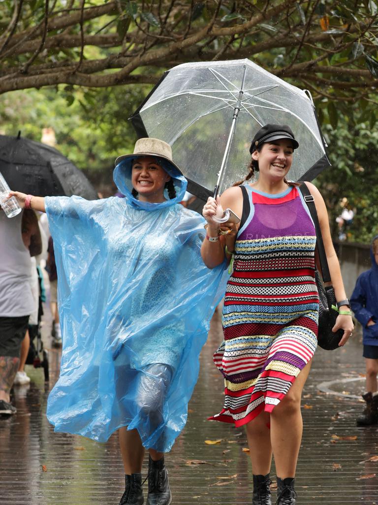 Friends Krystal Harding and Brianna Hutchinson on day one of the Woodford Folk Festival. Picture: Lachie Millard