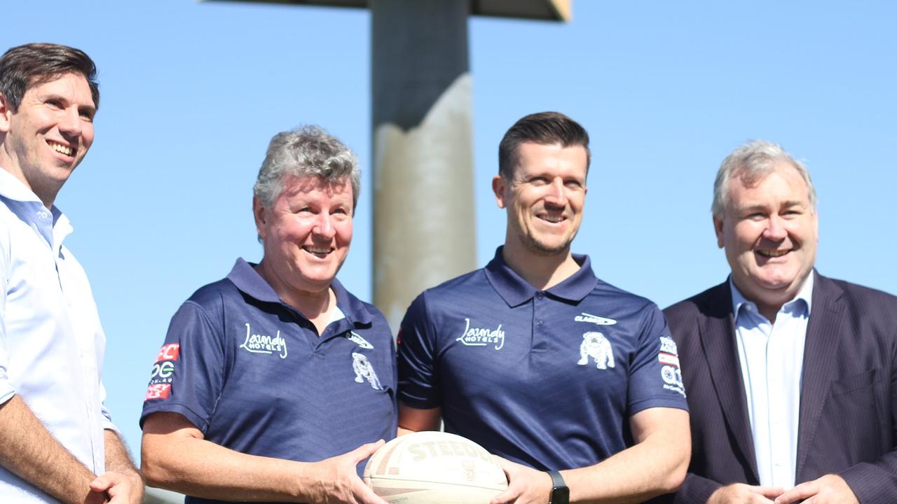 18/05/2023 - Bundaberg MP Tom Smith, Bulldogs director Andrew Gifford, Bulldogs CEO Aaron Warburton and Bundaberg Mayor Jack Dempsey at Salter Oval on Thursday, May 18 to announce ticket plans for the round 22 clash with the Dolphins. Picture: Nicole Strathdee