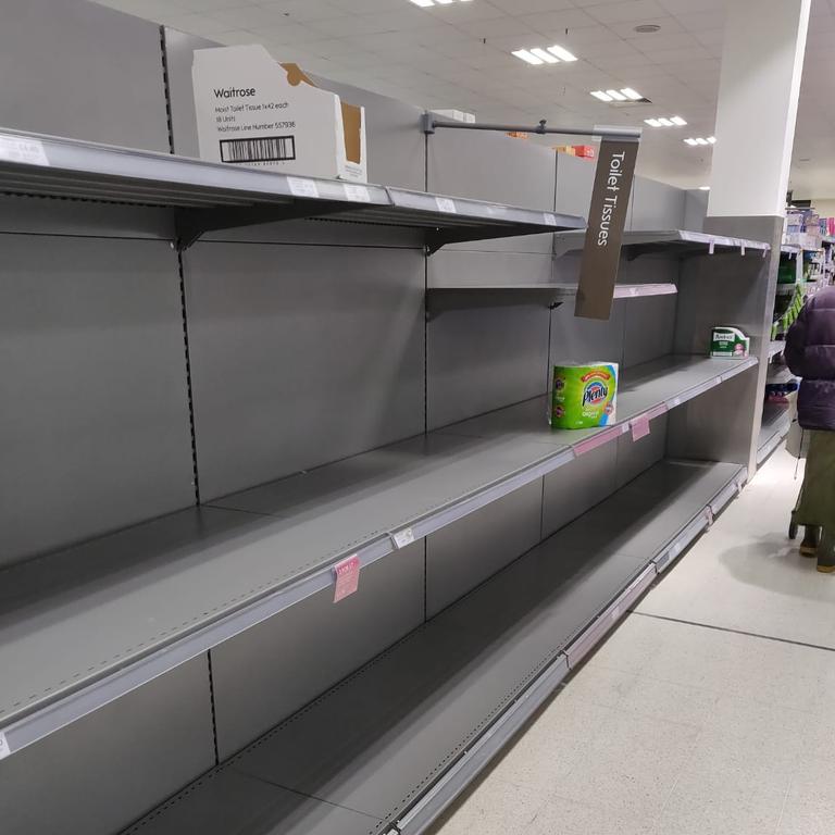 Like Australia, UK shoppers have been buying up big on toilet paper as this empty shelf in supermarket Waitrose shows. Picture: Twitter