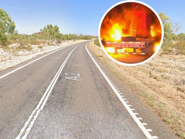 A semi trailer fire is obstructing the flow of traffic on the Barkly Highway on Friday afternoon. Picture: Google Maps.