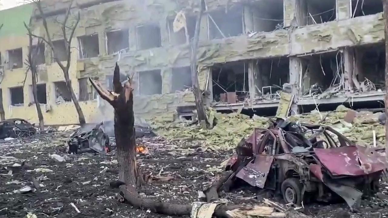 A children’s hospital in Mariupol. This is reportedly the aftermath of a Russian air strike. Picture: National Police of Ukraine/AFP