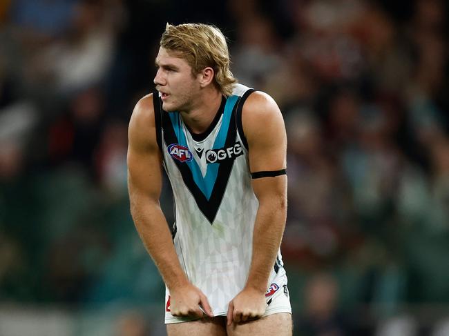 MELBOURNE, AUSTRALIA - APRIL 28: Jason Horne-Francis of the Power looks on during the 2023 AFL Round 07 match between the St Kilda Saints and the Port Adelaide Power at Marvel Stadium on April 28, 2023 in Melbourne, Australia. (Photo by Michael Wilson/AFL Photos via Getty Images)