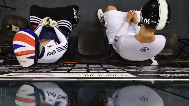 Britain's Jason Kenny, left, and Australia's Matthew Glaetzer wait for race 3 of the Men's Sprint finals. Picture: Eric Feferberg (AFP)