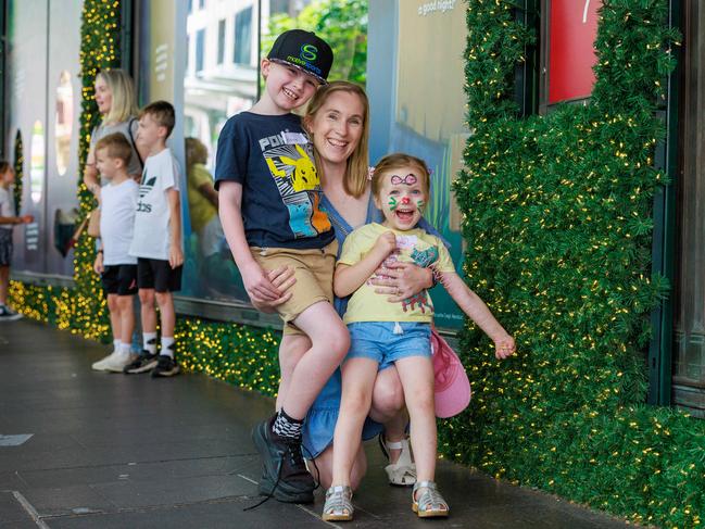 Alison McLean took children, Conor, 7, and Willow, 4, Christmas shopping in Sydney’s CBD on Friday. Picture: Justin Lloyd