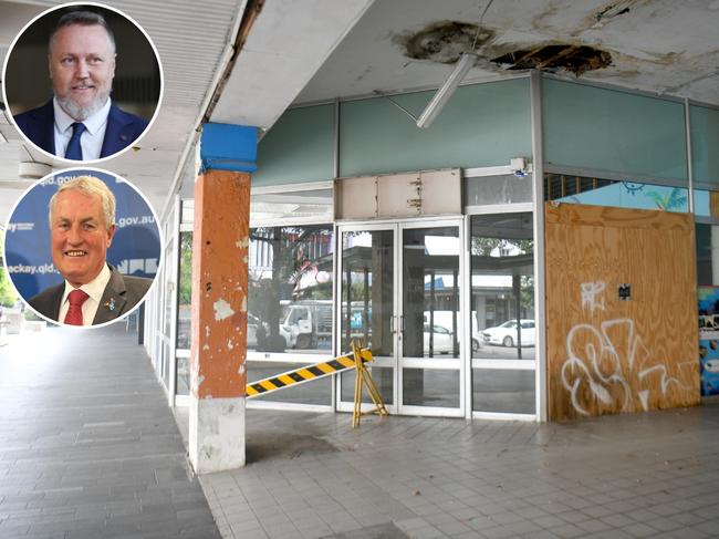 The entrance to the decrepit former Dimmeys Arcade in the aging Townsville CBD.  Inset pictures are Cairns Deputy Mayor Brett Olds  (top) and Mackay Mayor Greg Williamson who have shared their respective views on the recent respective successes with revitalising their own central-business districts: Picture: Evan Morgan