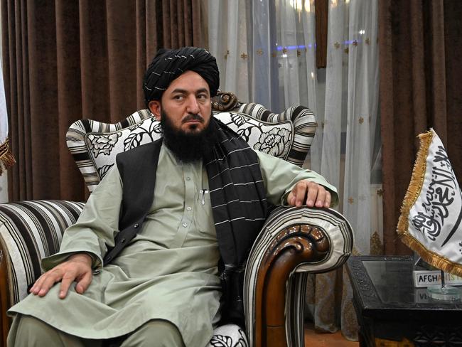 Qari Salahuddin Ayoubi, one of the military commanders of the Taliban, watches during an interview with AFP inside the home of the Afghan warlord Abdul Rashid Dostum. Picture: AFP