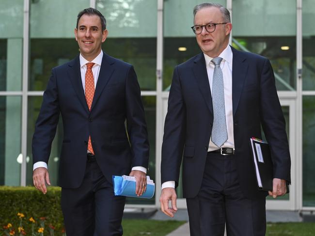 CANBERRA, AUSTRALIA - MAY 10: Prime Minister Anthony Albanese and Treasurer Jim Chalmers arrive for media interviews at Parliament House in Canberra. Picture: NCA NewsWire / Martin Ollman