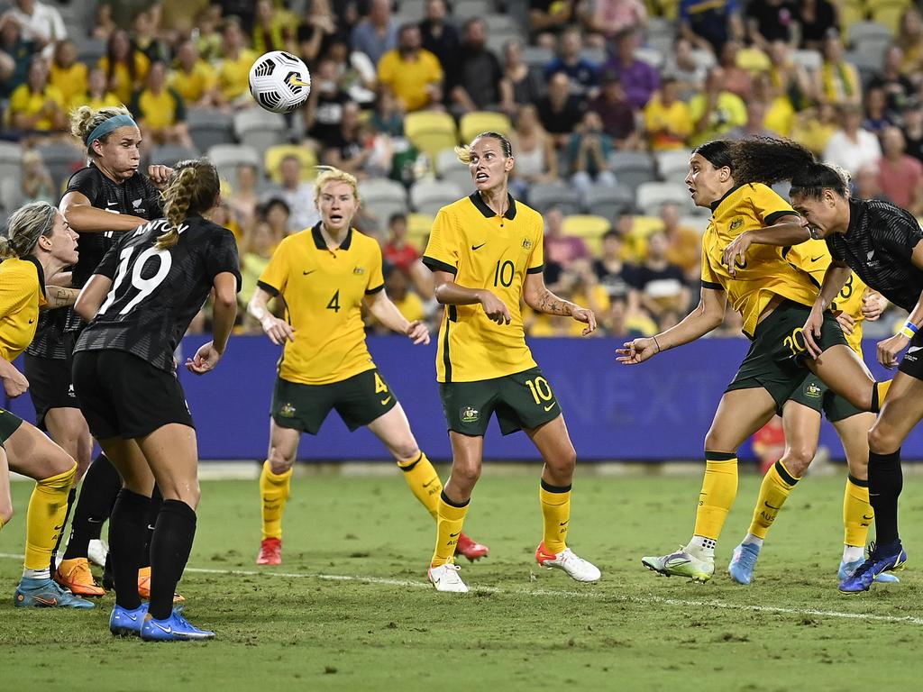 Sam Kerr scores for the Matildas’ winner in Townsville. Picture: Ian Hitchcock/Getty Images