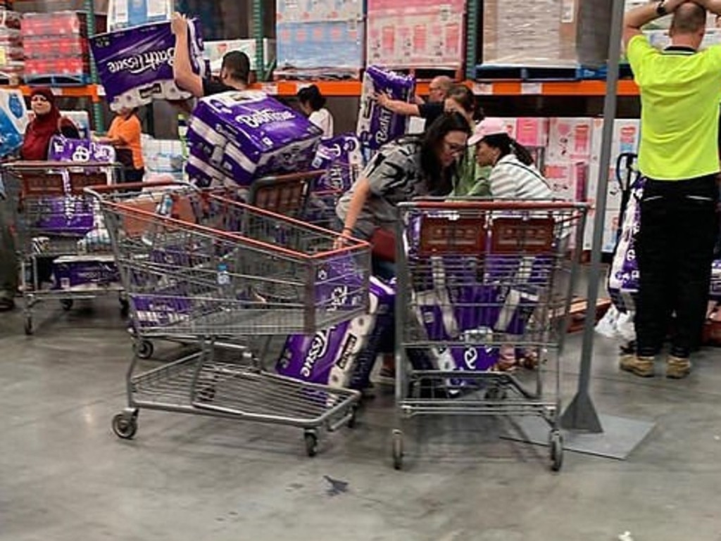 Scenes from a Costco of people panic buying toilet paper due to coronavirus pandemic fears.