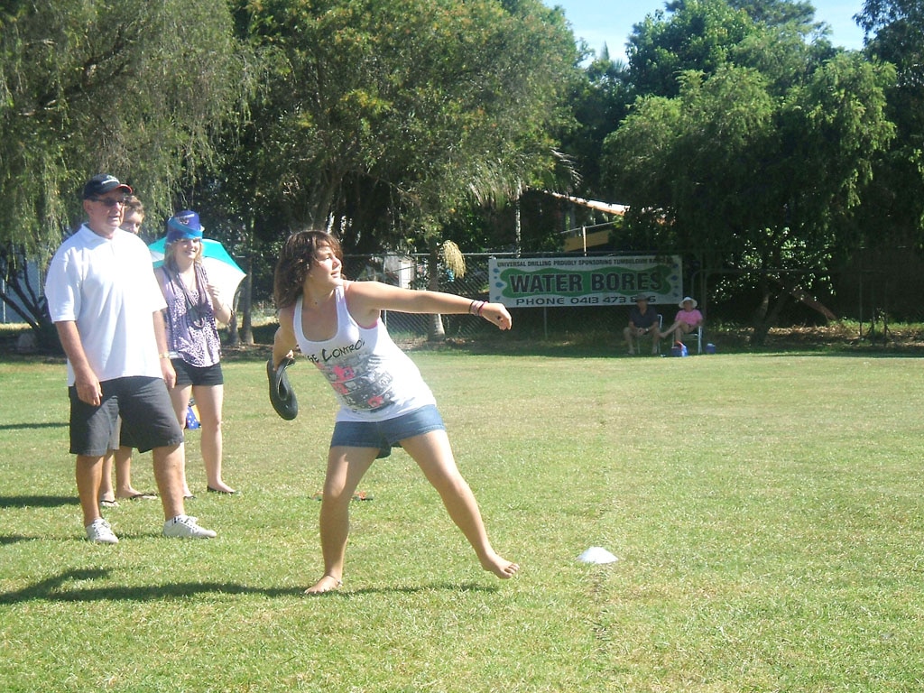 Samantha Rossall throwing a gumboot 13.9 metres. Picture: Patrick Williams