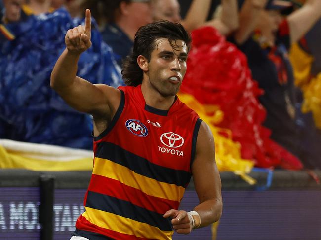 MELBOURNE, AUSTRALIA - APRIL 10: Josh Rachele of the Crows celebrates kicking a goal during the round four AFL match between the Essendon Bombers and the Adelaide Crows at Marvel Stadium on April 10, 2022 in Melbourne, Australia. (Photo by Daniel Pockett/Getty Images)